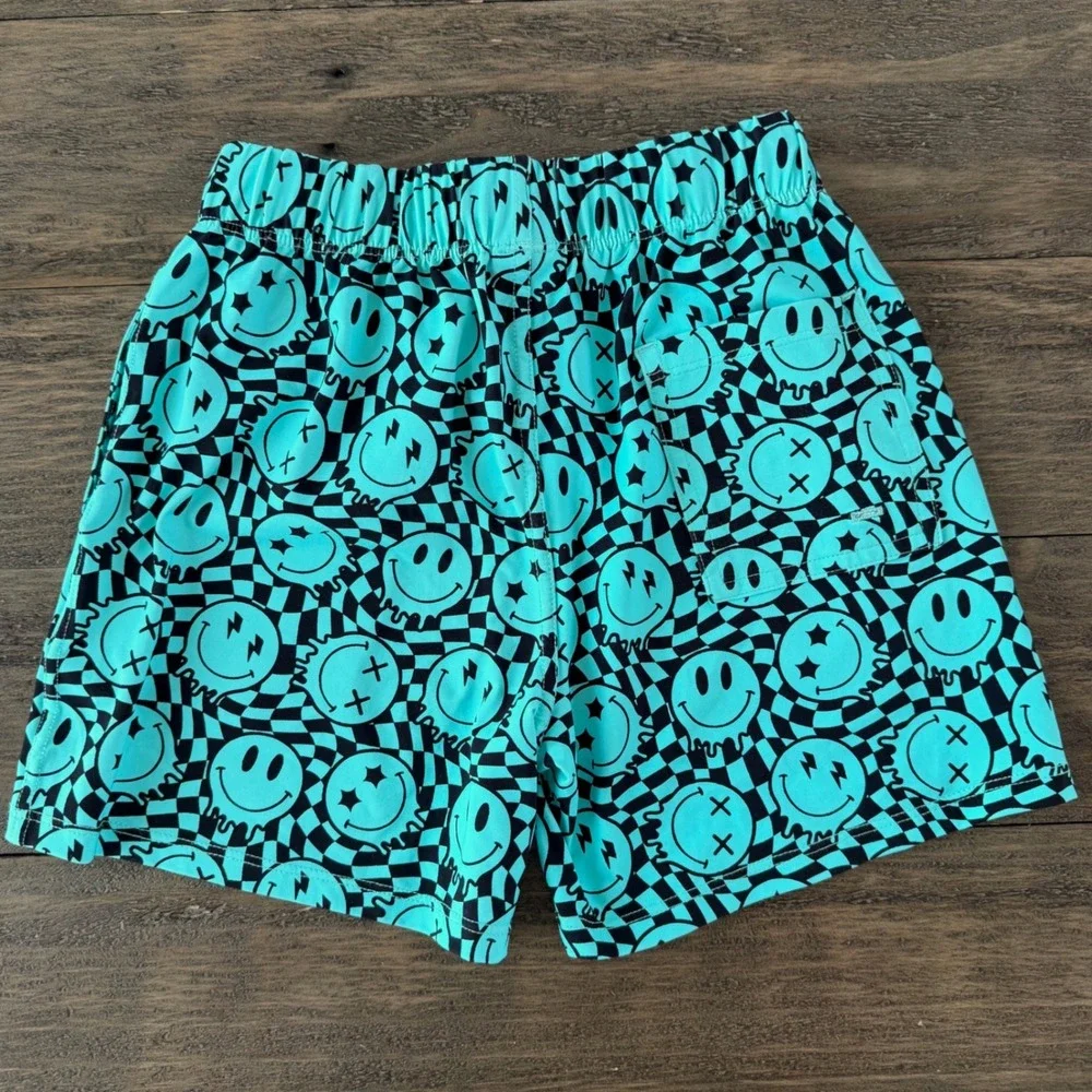 George Hats Kids Aqua Checkered Melting Smiley Hybrid‎ Swim Shorts 6-7Y UPF 50+